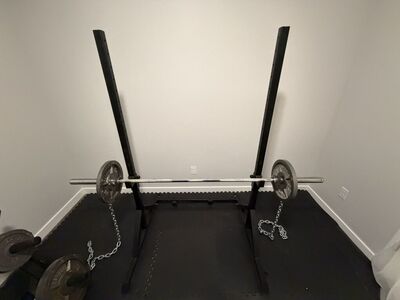 Home Gym Squat Rack + Weights + Barbell + Chains