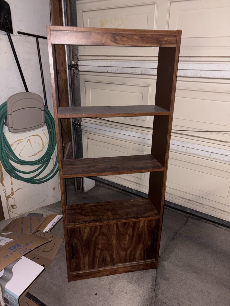 Dark Wood Laminate Bookshelf with Open Shelving and Lower Cabinet
