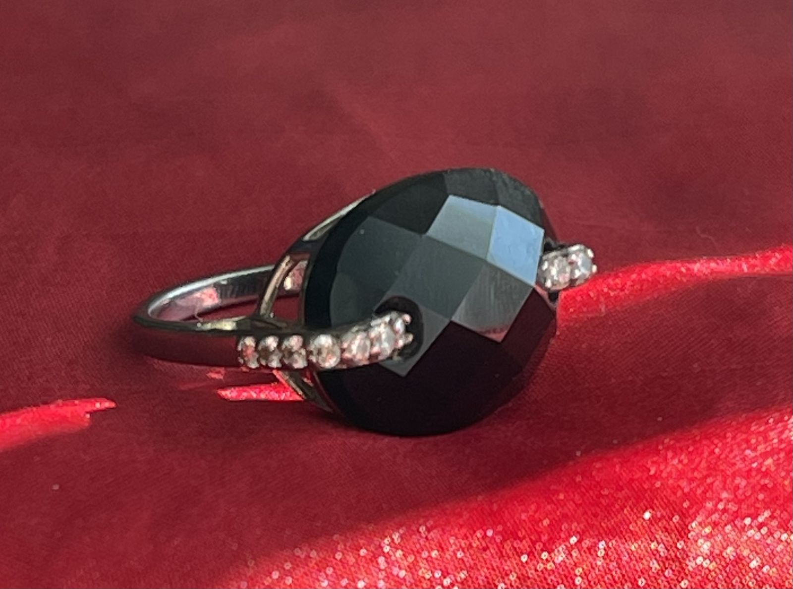 Silver Ring with Oval Black Onyx Stone and Crystal