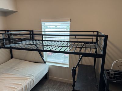Black Metal L-Shaped Twin Over Full Bunk Bed with Desk Space - Space Saving Loft Design