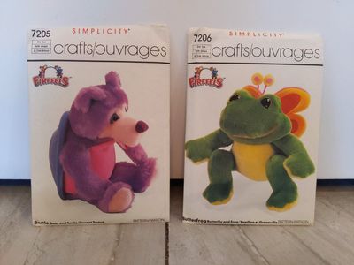 Vintage Simplicity 7205 & 7206 Firefeels Stuffed Animal Sewing Patterns - Bear/Turtle & Frog/Butterfly