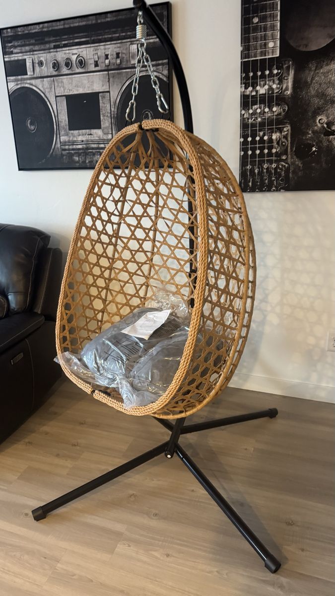 Hanging Egg Chair with Stand,All-Weather Rattan,330LBS Cap,Grey