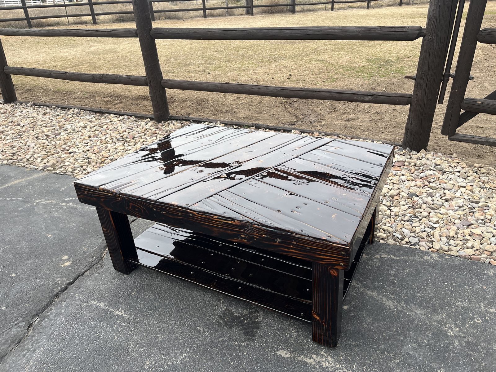 Handmade Dark Wood Coffee Table with Storage Shelf - Rustic Style