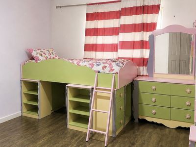 Loft Bed, bedroom set, Dresser with Mirror, Bookshelf & Cabinets