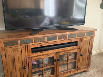 Rustic Wood TV Stand / Entertainment Center with Stone Accents