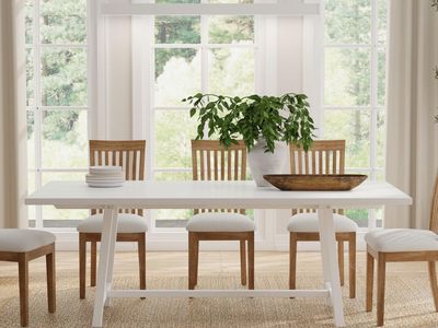 New in box! ComfIQ 84" Harthwell Solid Wood Frame Modern Farmhouse Dining Table, Comfortable Seats 6 to 8 Chairs in White, Easy-