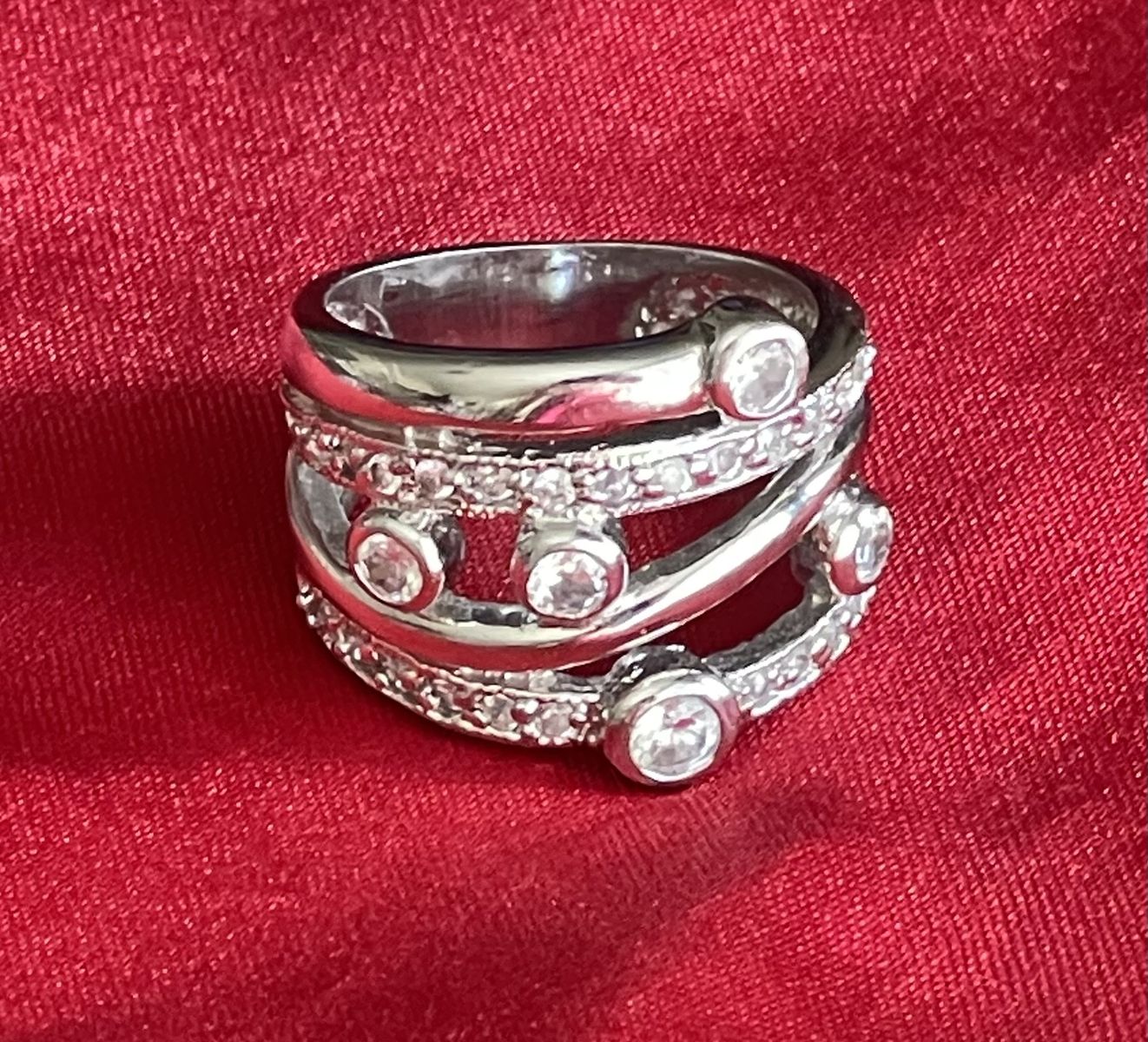 Silver Criss Cross Cocktail Ring with Crystals