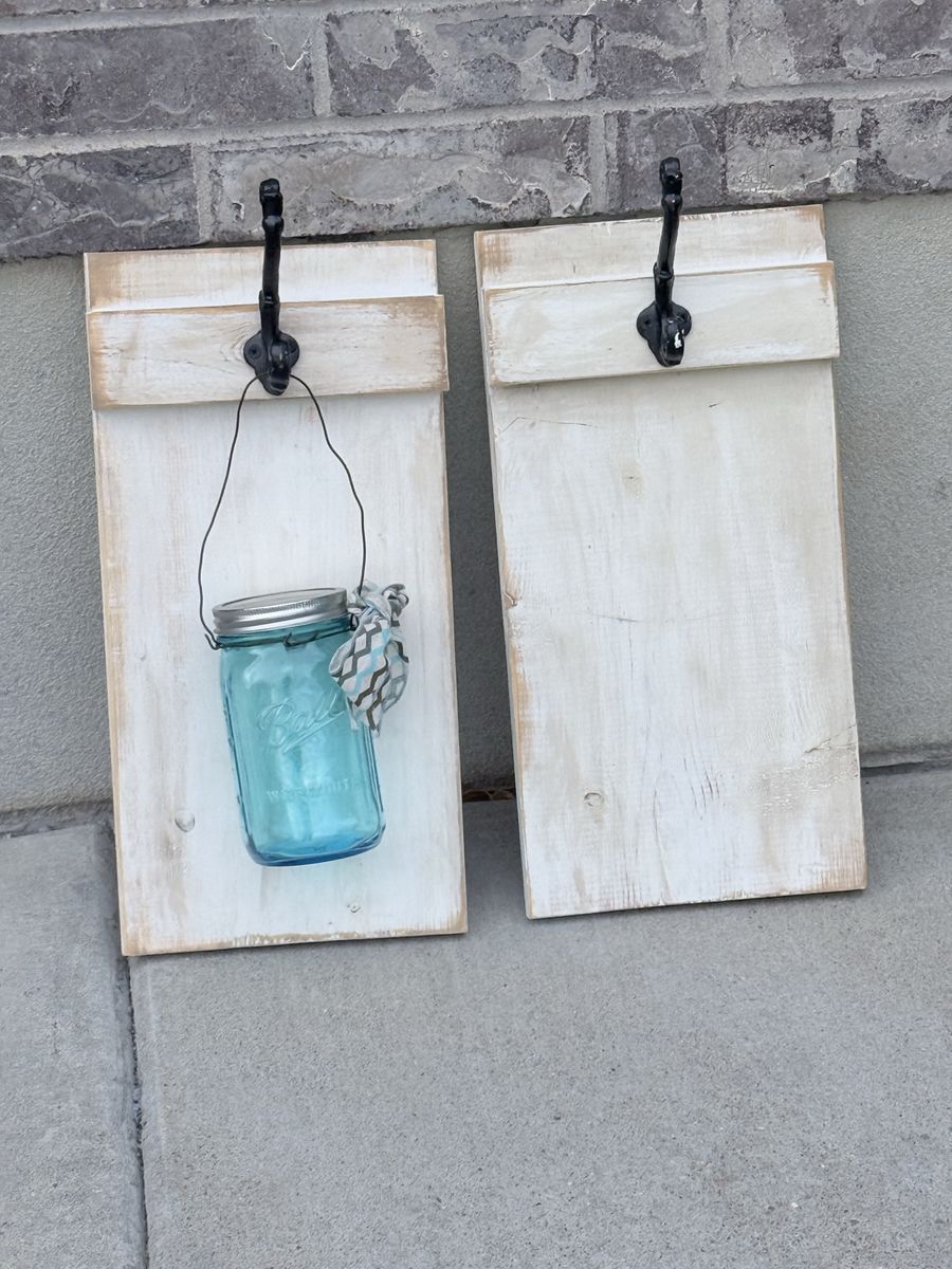 Handmade Rustic Wood Wall Plaques with Black Hooks and Blue Mason Jar