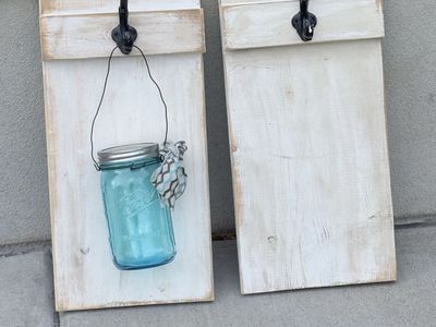 Handmade Rustic Wood Wall Plaques with Black Hooks and Blue Mason Jar