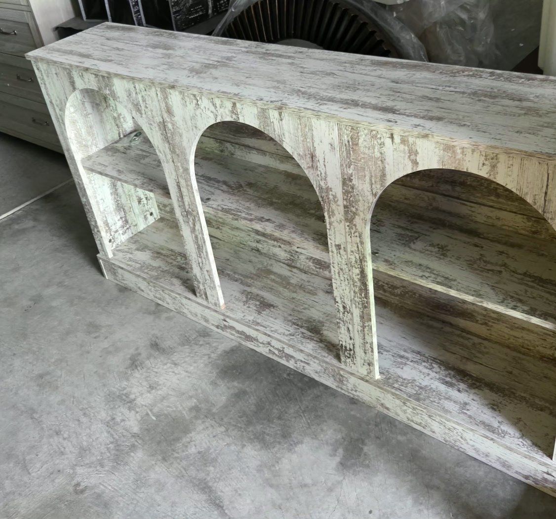 2 Large Distressed White Arched Bookshelf Shelving Unit Display Cabinet