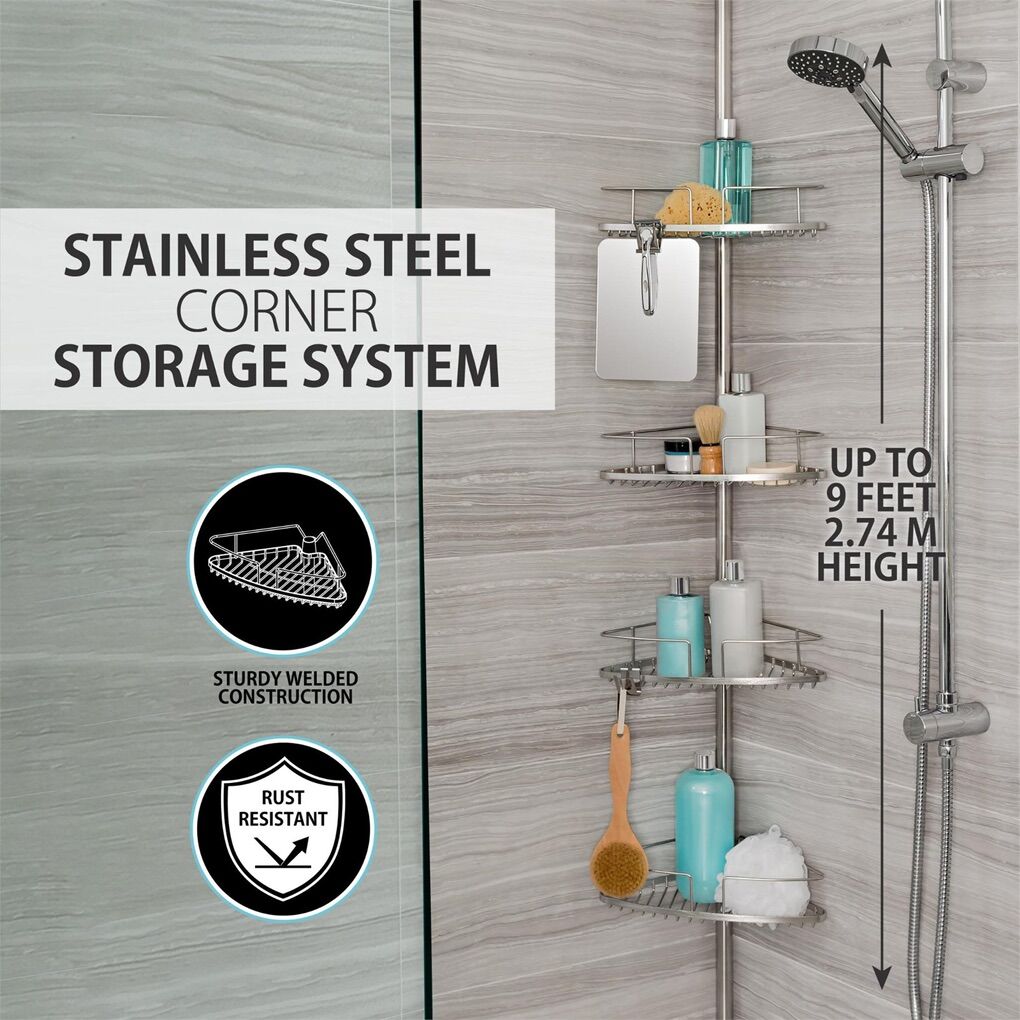 Tier Shower Pole Caddy with Mirror - Stainless S