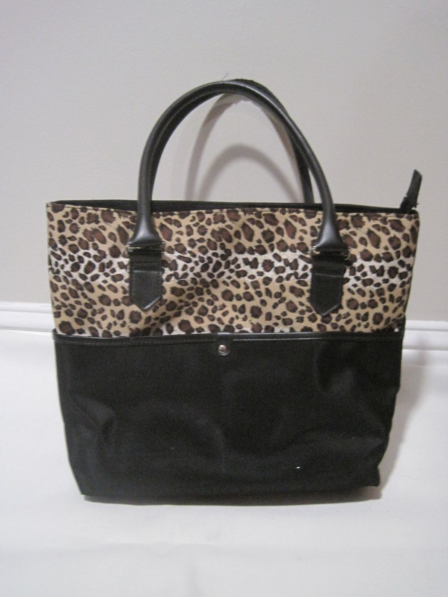 Medium Leopard Print Black Nylon Tote Bag w/ Faux Textured Leather Flap Handles