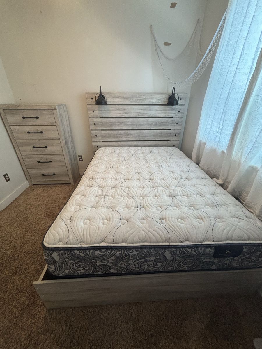 Rustic Weathered Wood Full Bedroom Set with Headboard Lights and Dresser