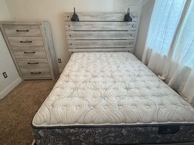 Rustic Weathered Wood Full Bedroom Set with Headboard Lights and Dresser