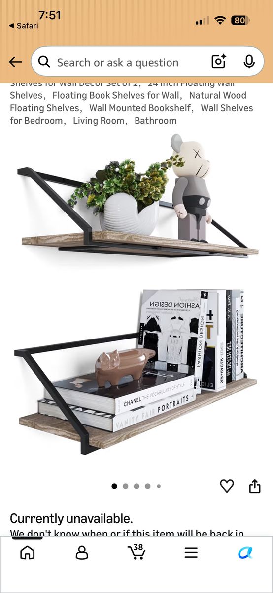 24” Floating Wall Shelves Set of 2 Rustic Wood & Black Metal