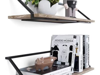 24” Floating Wall Shelves Set of 2 Rustic Wood & Black Metal