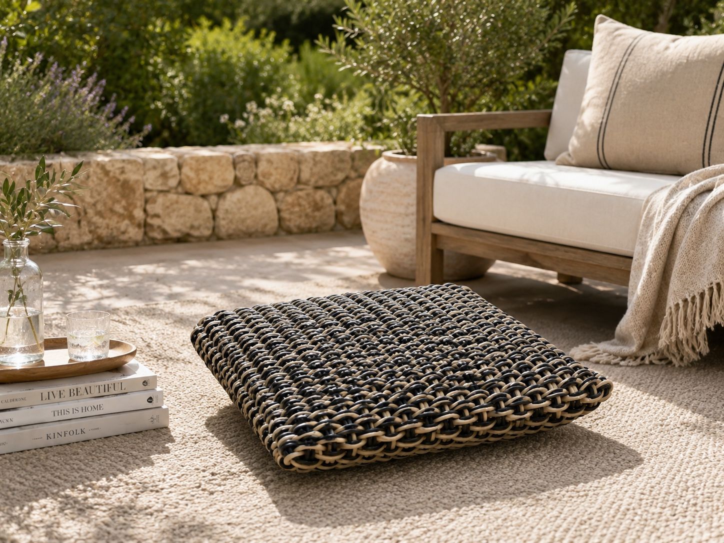 Shore Studios Large Woven Floor Pillow 28x27 Black White Designer Cushion Handmade Indoor Outdoor