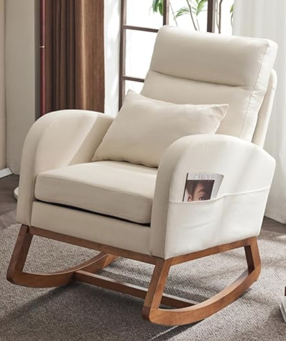 Beige Linen Rocking Chair Nursery with Thick Headrest