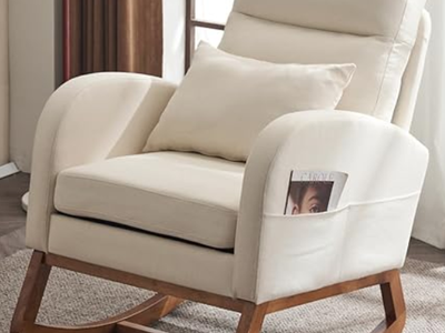 Beige Linen Rocking Chair Nursery with Thick Headrest