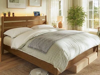 Raised Queen platform bed with headboard and lighting- New in box!