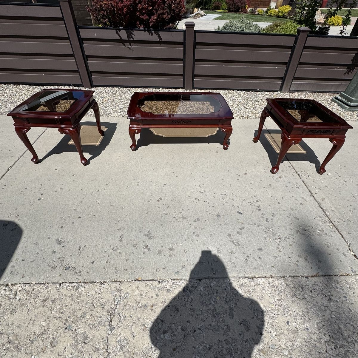Georgian-style wood side tables and a coffee table