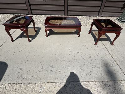 Georgian-style wood side tables and a coffee table