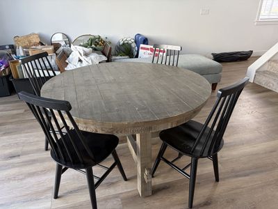 Dining room Table. Rustic Farmhouse finish. Extendable to fit 8 people. Trestle base
