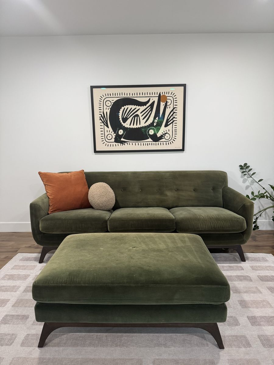 Olive Green Velvet Sofa with Matching Ottoman