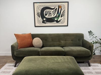 Olive Green Velvet Sofa with Matching Ottoman