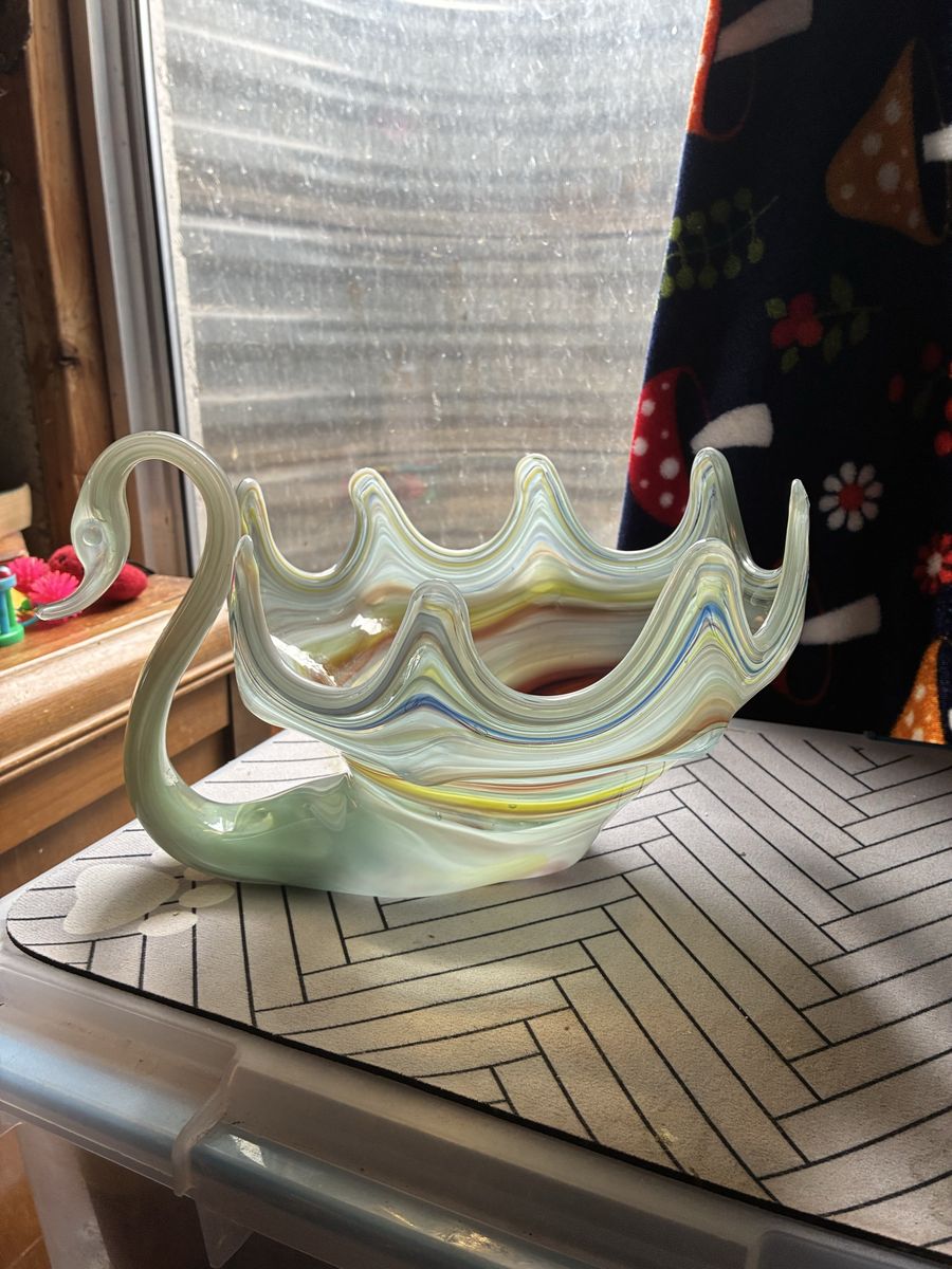 Vintage Hand-Blown Murano Art Glass Swan Dish/Bowl - Wavy Multicolor Design