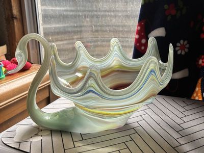 Vintage Hand-Blown Murano Art Glass Swan Dish/Bowl - Wavy Multicolor Design