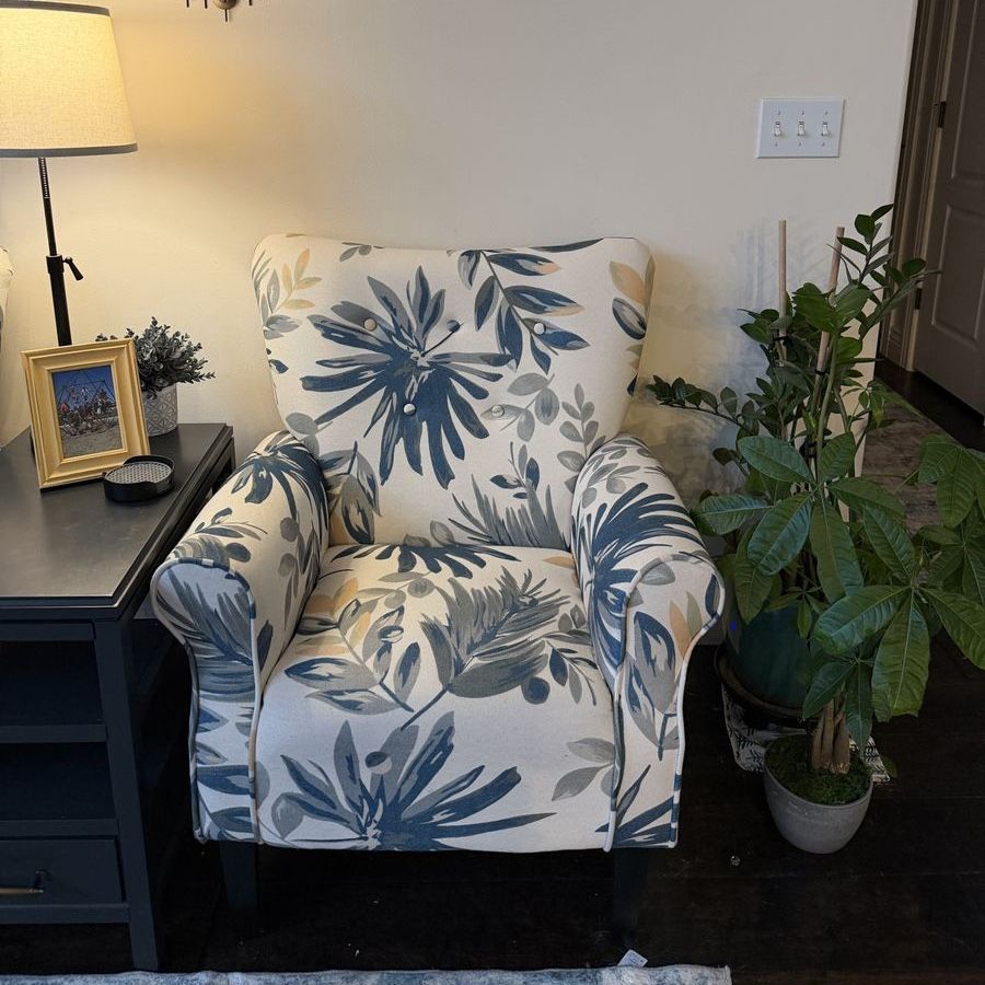 Blue Floral Arm Chair - Accent Chair with Botanical Pattern