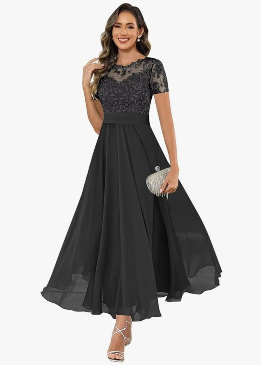 Women Short Sleeve Lace Applique Long Chiffon Formal Dress -NEW ITEM