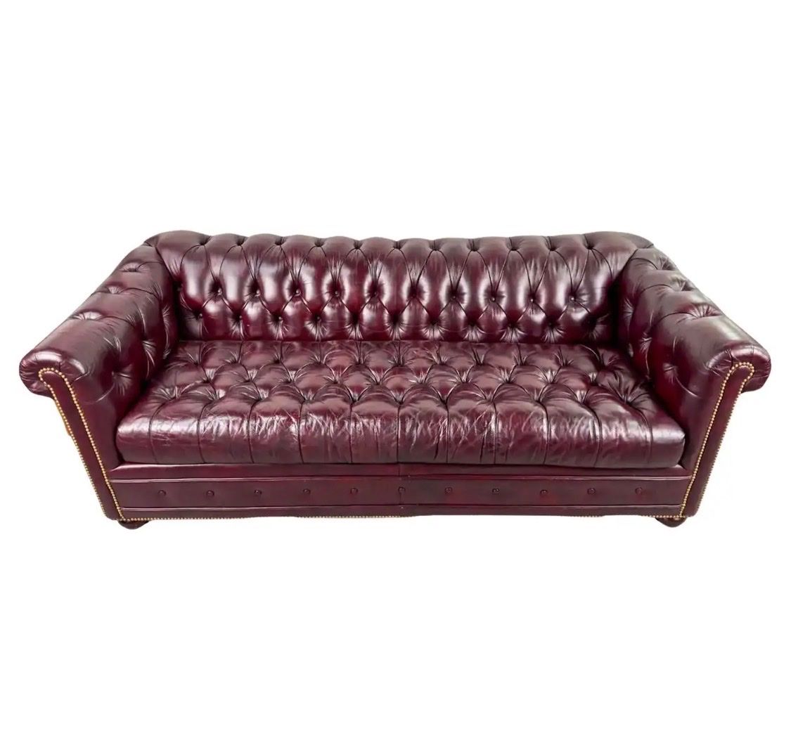 Hancock & Moore Burgundy Leather Chesterfield Pullout Sofa Couch