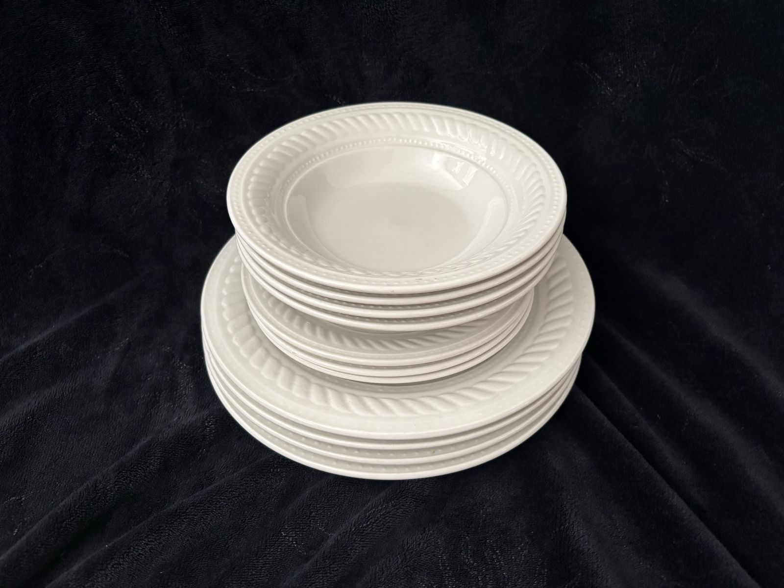 Gibson 11 Piece White Stoneware Ceramic Embossed Dinnerware Set - Dinner Plates, Salad Plates, Bowls Rope Rim Causal Dishes