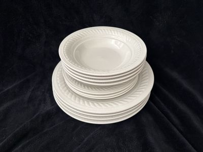 Gibson 11 Piece White Stoneware Ceramic Embossed Dinnerware Set - Dinner Plates, Salad Plates, Bowls Rope Rim Causal Dishes
