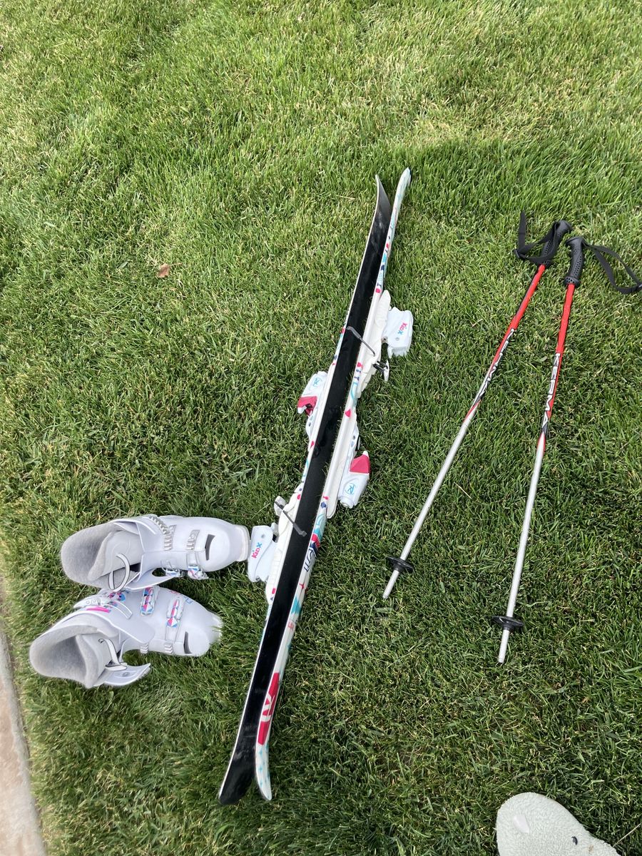 K2 Kinx Youth Downhill Skis with Poles & Boots - White/Pink Ski Set for Kids