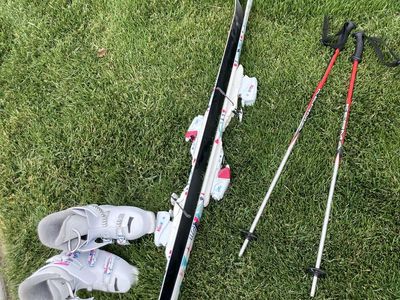 K2 Kinx Youth Downhill Skis with Poles & Boots - White/Pink Ski Set for Kids