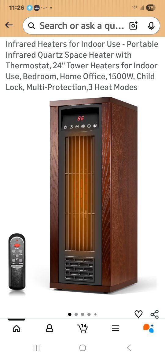23" 1500W infrared tower heater with UV light
