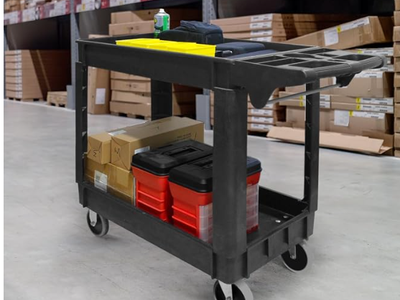 Heavy Duty 2‑Shelf Service Cart 500 lb Capacity Utility Cart with 5" Non‑Marring Casters Deep Trays and Built‑In Tool Storage