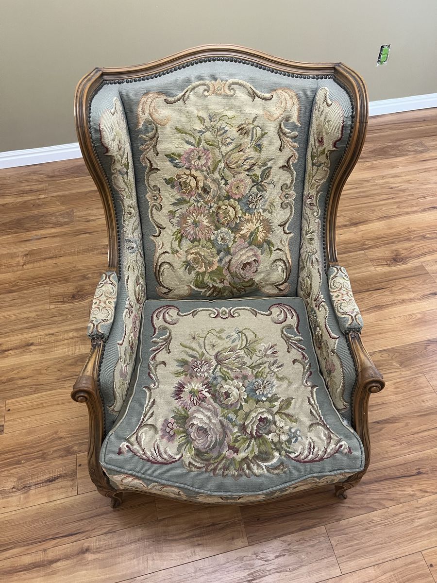 Vintage French Provincial Style Tapestry Wingback Armchair with Carved Wood Frame