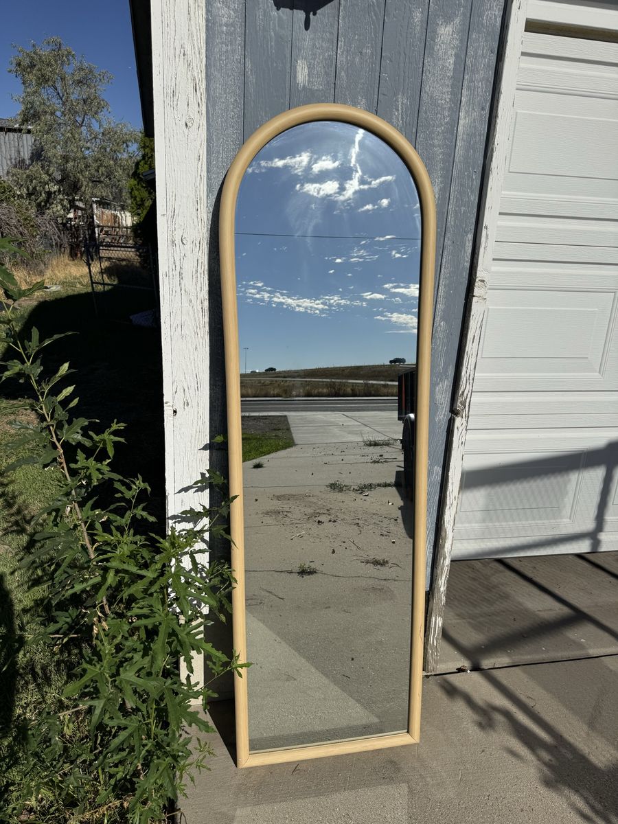 Full Length Arched Wall Mirror with Light Wood Tone Frame