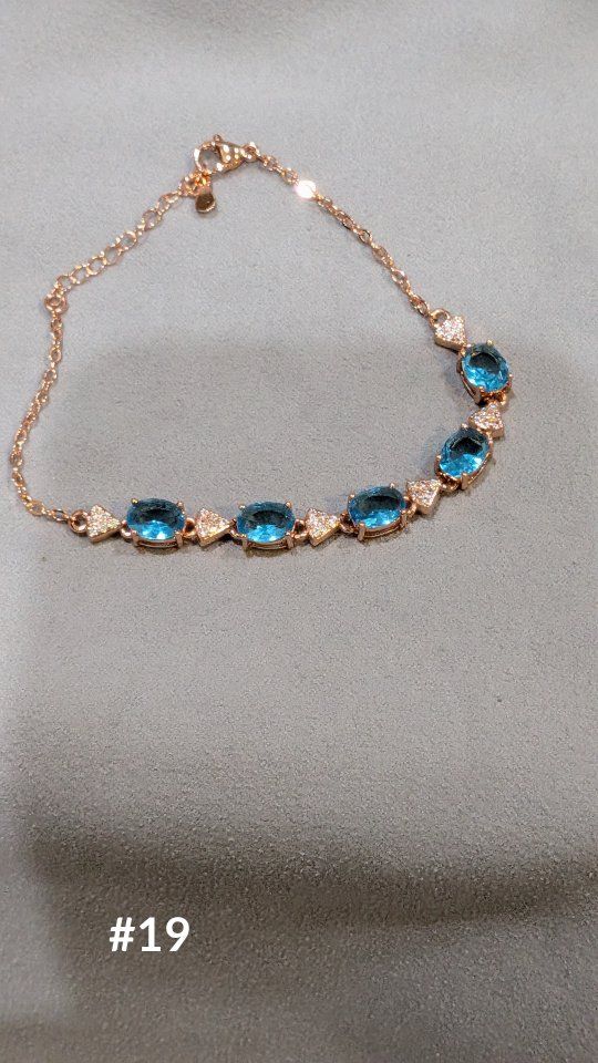 Rose Gold Tone Blue Topaz Style Gemstone Chain Link Bracelet with Adjustable Clasp
