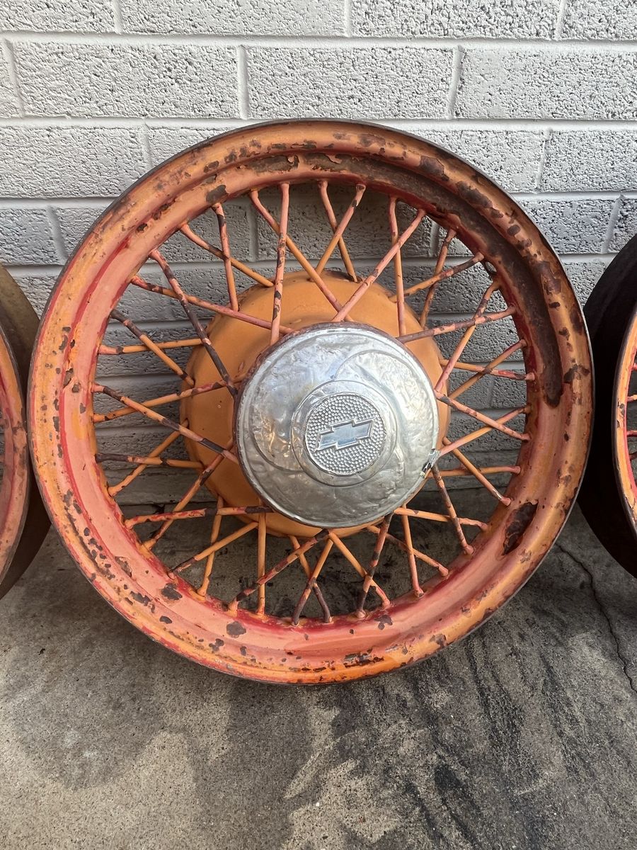 Vintage Chevrolet Wire Spoke Wheels with Chevy Hubcaps - Pair