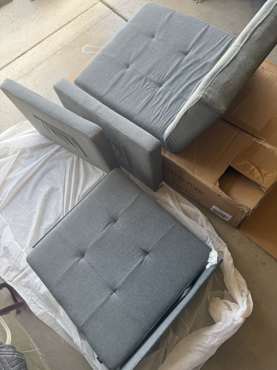 New Grey Tufted Fabric Convertible Sofa Bed Chair Lounger