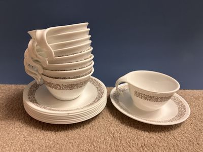 Corelle by Corning Cups & Saucers Set of 8 - Floral Scroll Pattern, White & Brown