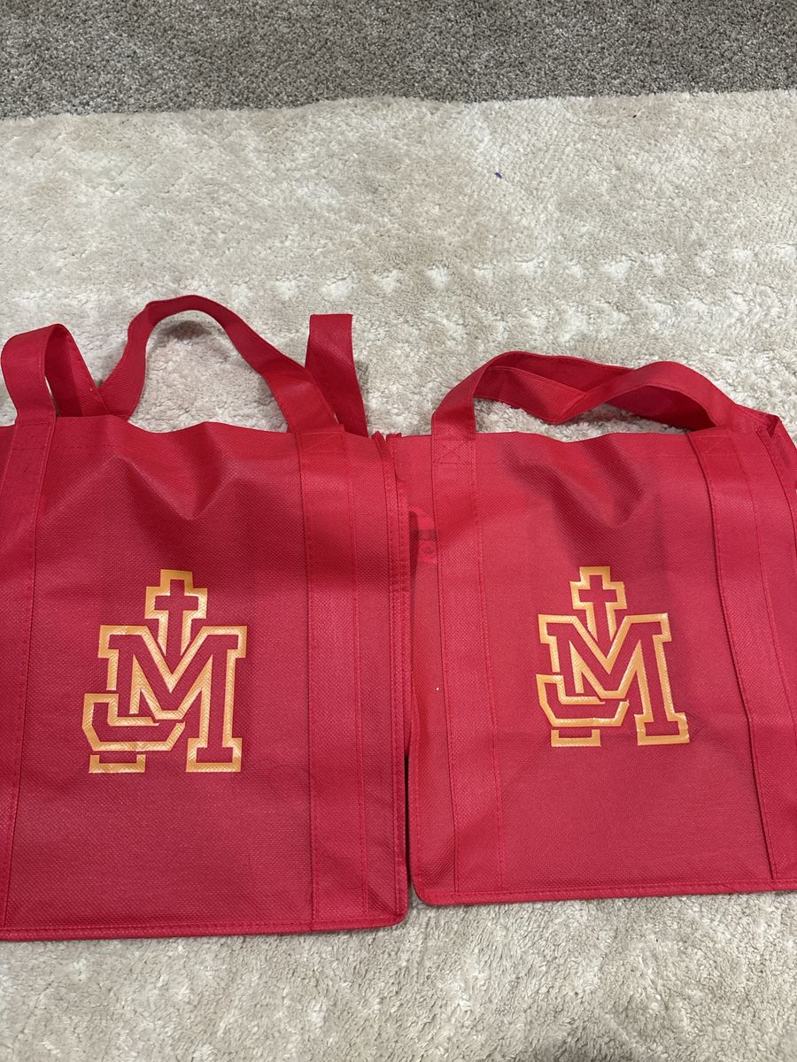 Set of 2 Red Non-Woven Reusable Tote Bags with Monogram Crest
