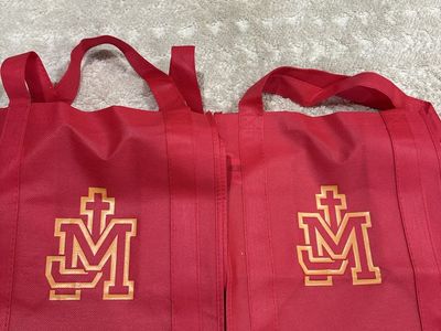 Set of 2 Red Non-Woven Reusable Tote Bags with Monogram Crest