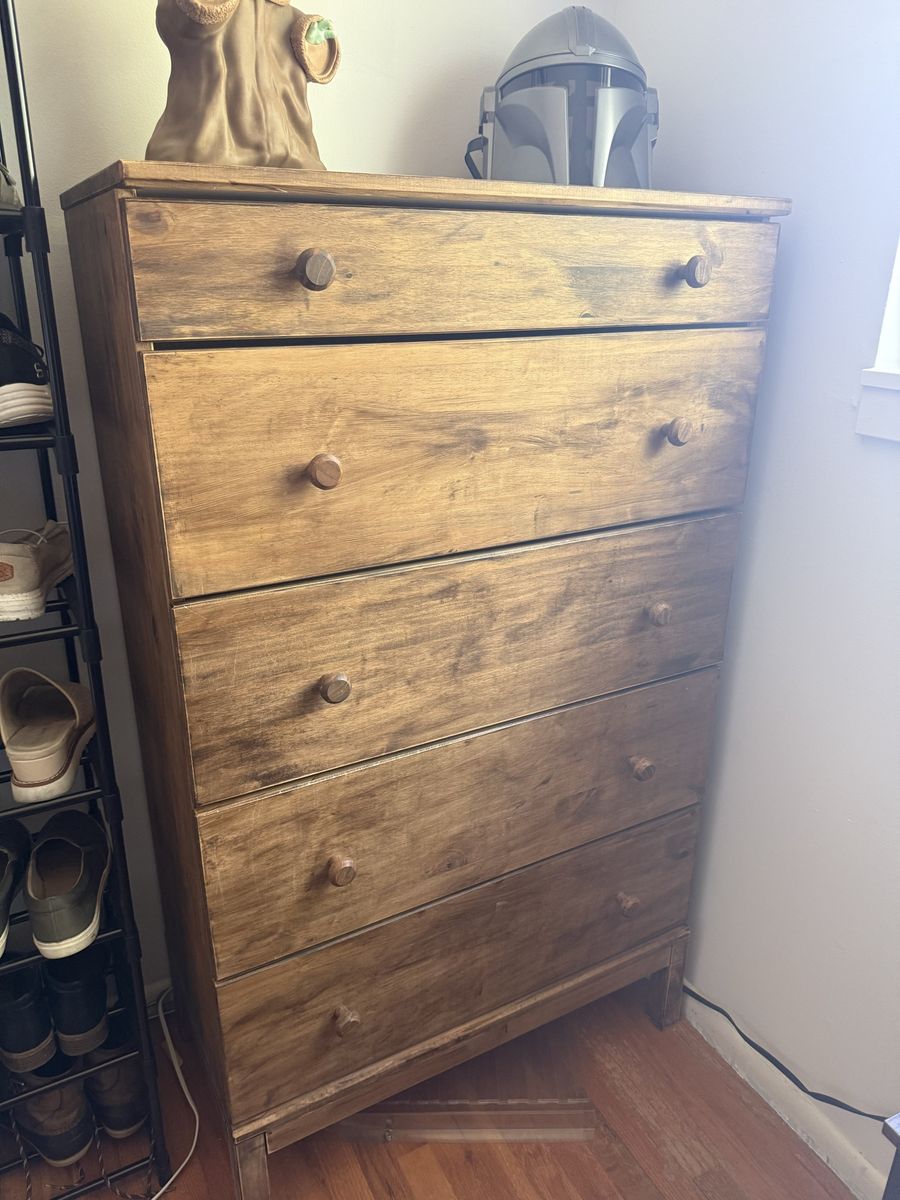 Stained Wooden 5-Drawer Dresser with Round Knobs (IKEA)