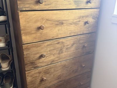 Stained Wooden 5-Drawer Dresser with Round Knobs (IKEA)
